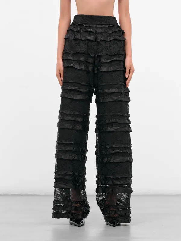 Black Layered Lace Ruffle Trousers (NP08-P006-RFLA-BLACK) made by Niccolò Pasqualetti