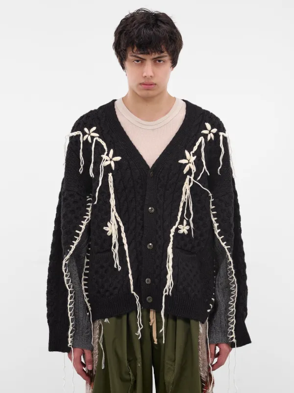 Black Deconstructed Floral Knit Cardigan (DC-NS-KN-05-BLACK) sold by lorenzo