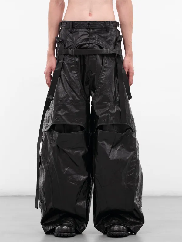 Black Coated Layered Cargo Pants (917PAM17-BLACK) sold by lorenzo