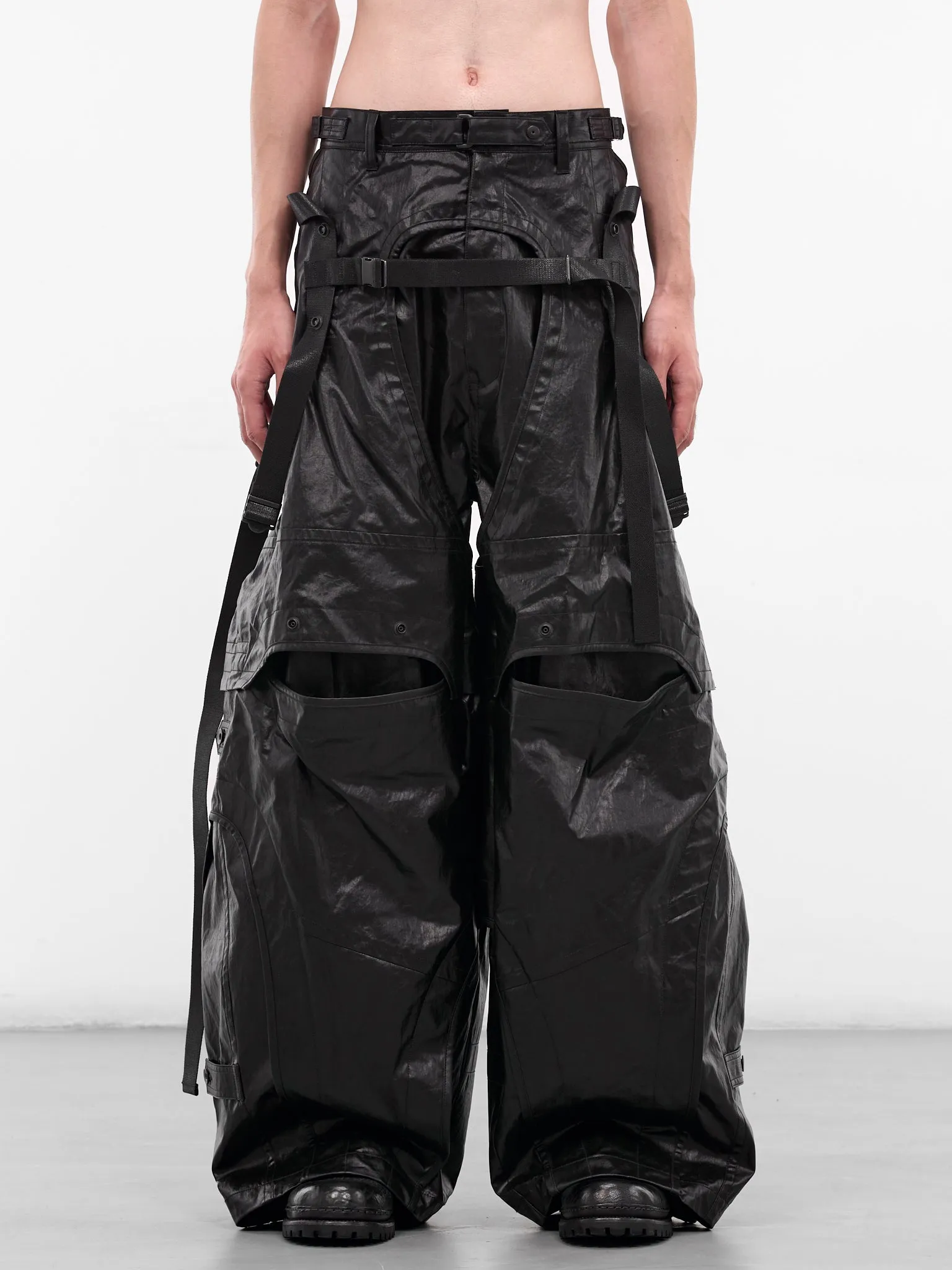 Black Coated Layered Cargo Pants (917PAM17-BLACK) sold by lorenzo