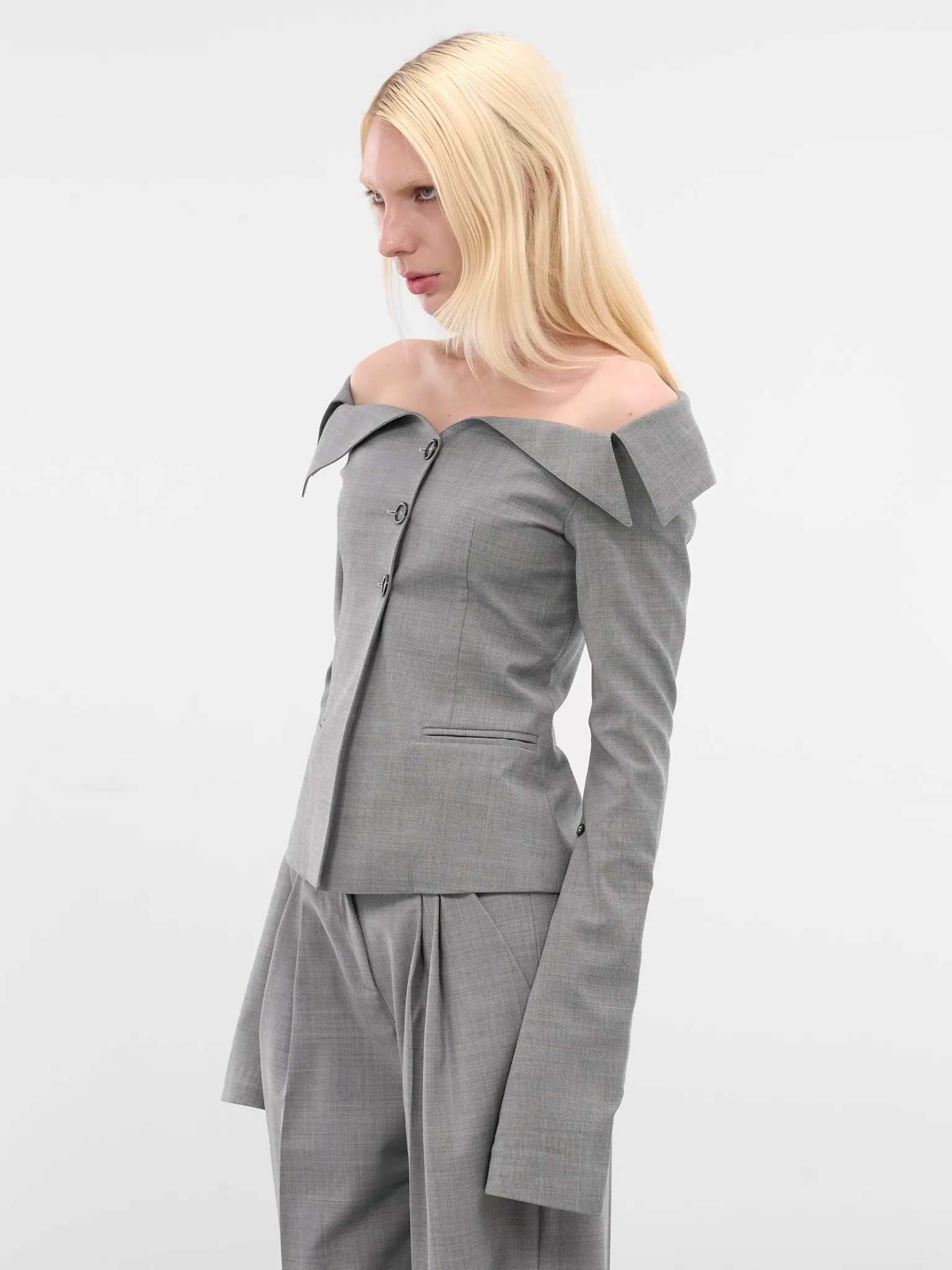 Gray Off-Shoulder Wool Evelyn Blazer (EVELYN-BLAZER-LIGHT-GREY) sold by lorenzo product image thumbnail 2