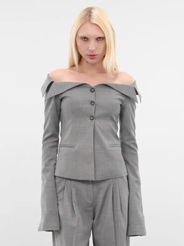 Gray Off-Shoulder Wool Evelyn Blazer (EVELYN-BLAZER-LIGHT-GREY) sold by lorenzo