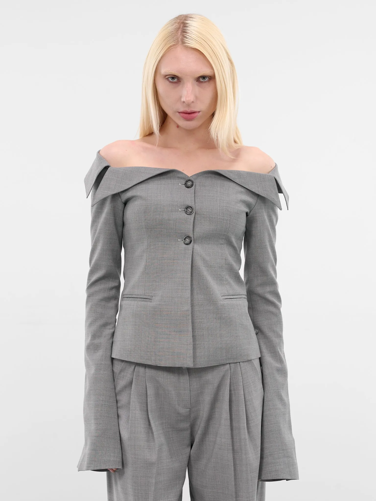 Gray Off-Shoulder Wool Evelyn Blazer (EVELYN-BLAZER-LIGHT-GREY) sold by lorenzo