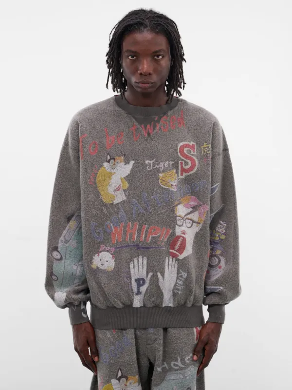 Black Graffiti Print Wool Sweatshirt (SW-SV-NGA-1007-BLACK) sold by lorenzo