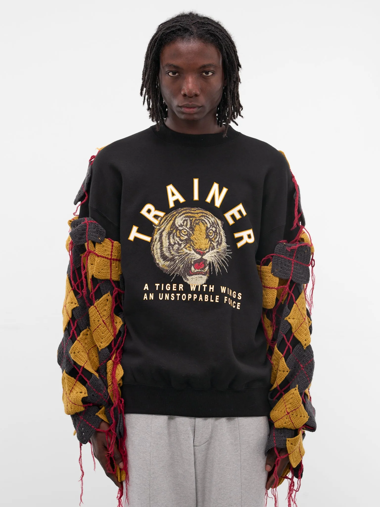 Black Argyle Knit Patchwork Sweatshirt (SW-SV-NGA-1006-BLACK) sold by lorenzo