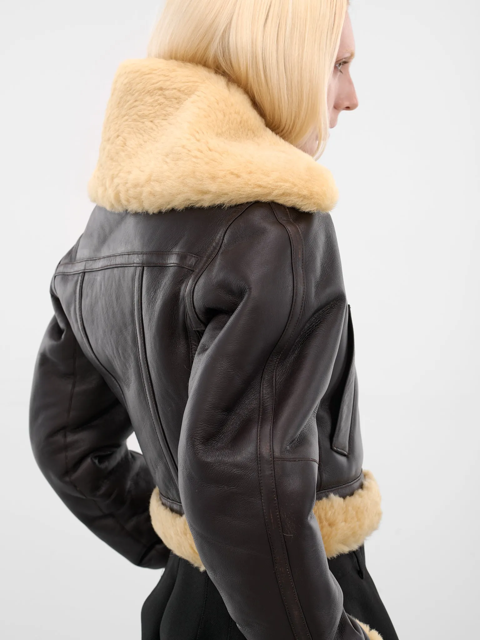 Brown Leather Aviator Cropped Jacket (OUW00119AC16L05-DARK-BROWN) sold by lorenzo product image thumbnail 5