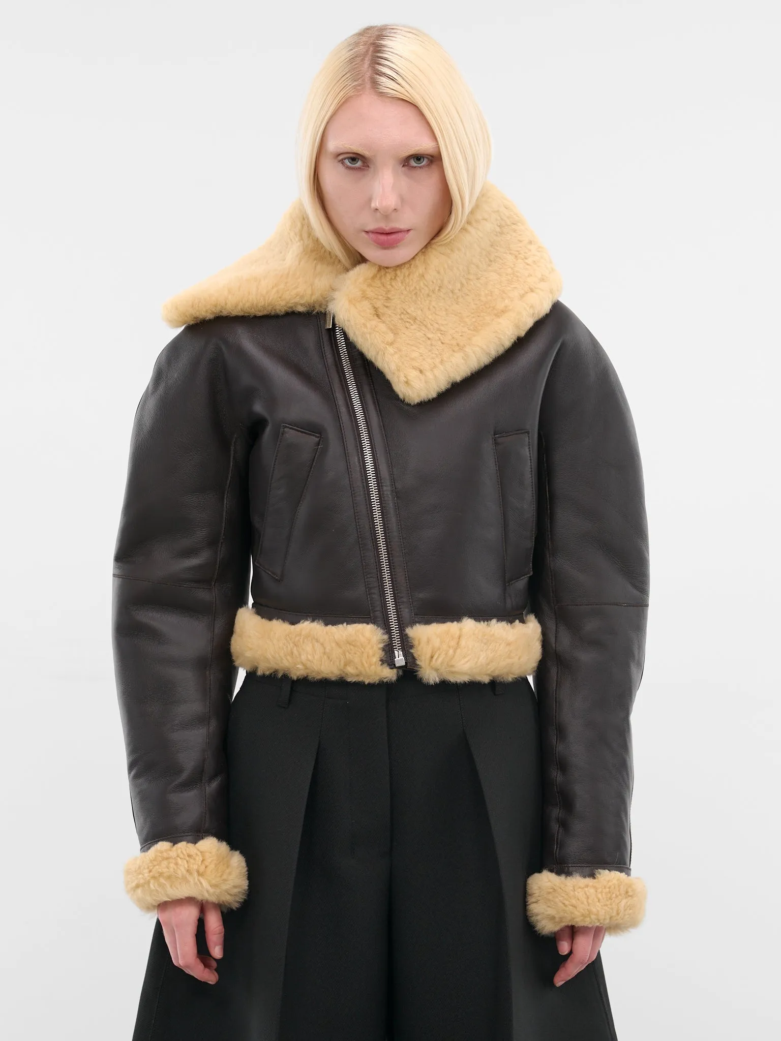 Brown Leather Aviator Cropped Jacket (OUW00119AC16L05-DARK-BROWN) sold by lorenzo