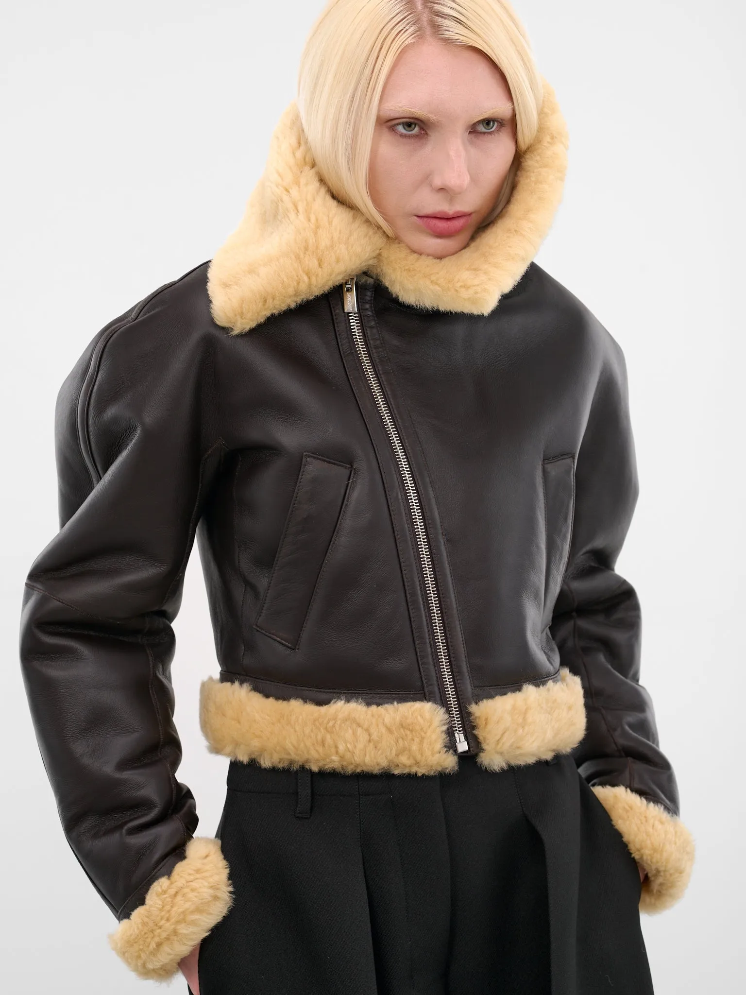 Brown Leather Aviator Cropped Jacket (OUW00119AC16L05-DARK-BROWN) sold by lorenzo product image thumbnail 4