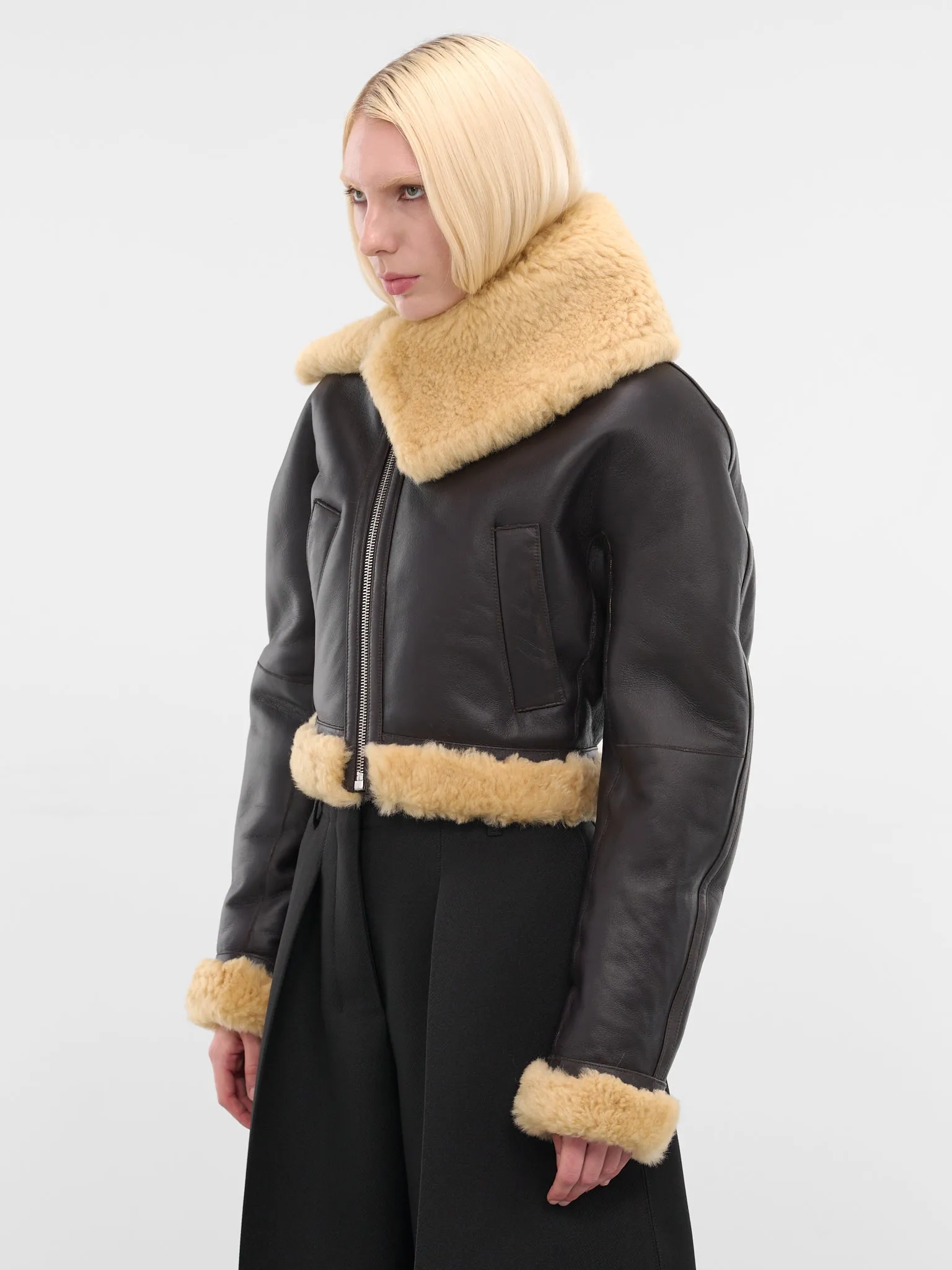 Brown Leather Aviator Cropped Jacket (OUW00119AC16L05-DARK-BROWN) sold by lorenzo product image thumbnail 2