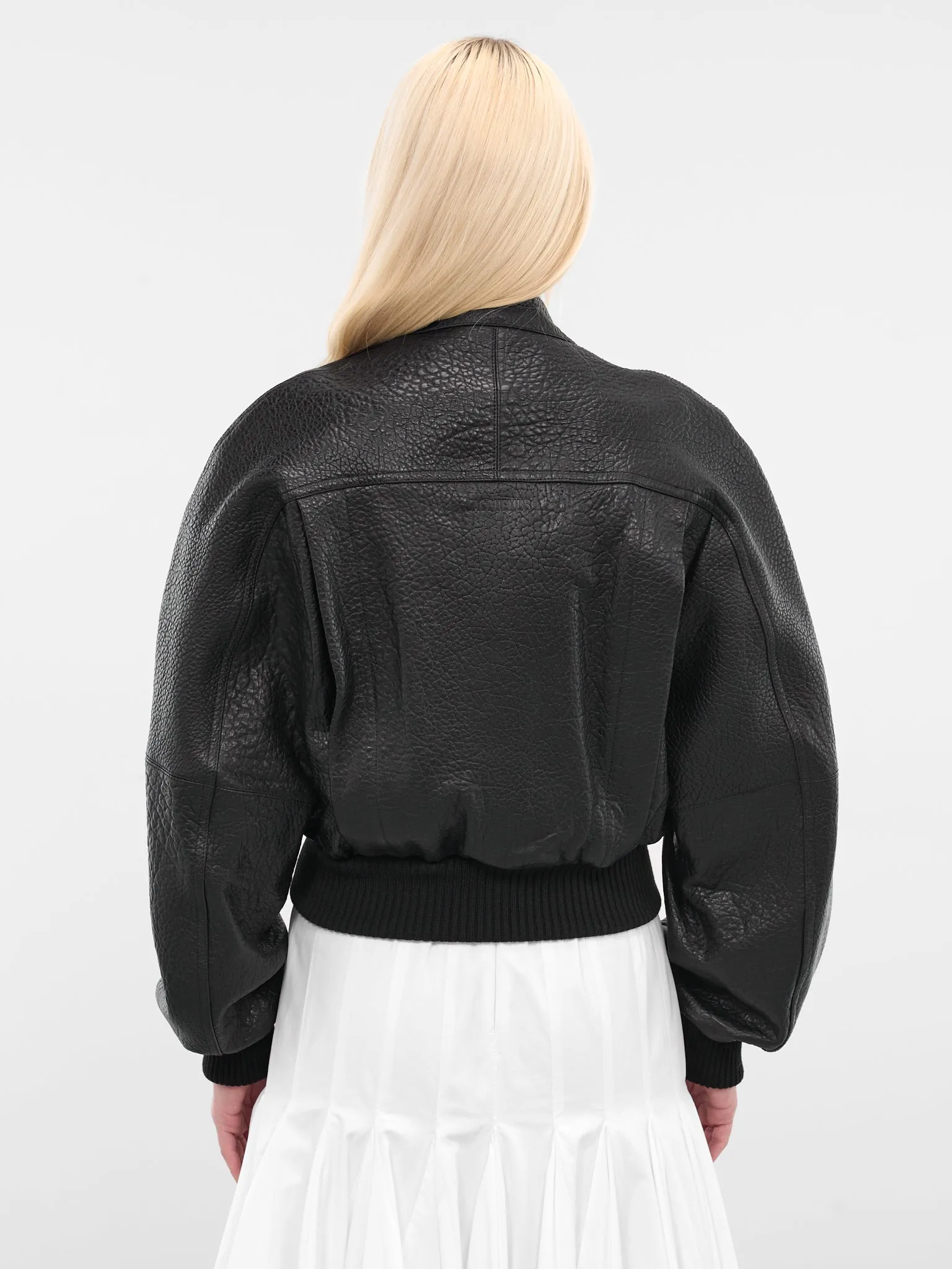 Black Leather Cropped Bomber Jacket (OUW00114AC03L03-BLACK) sold by lorenzo product image thumbnail 3