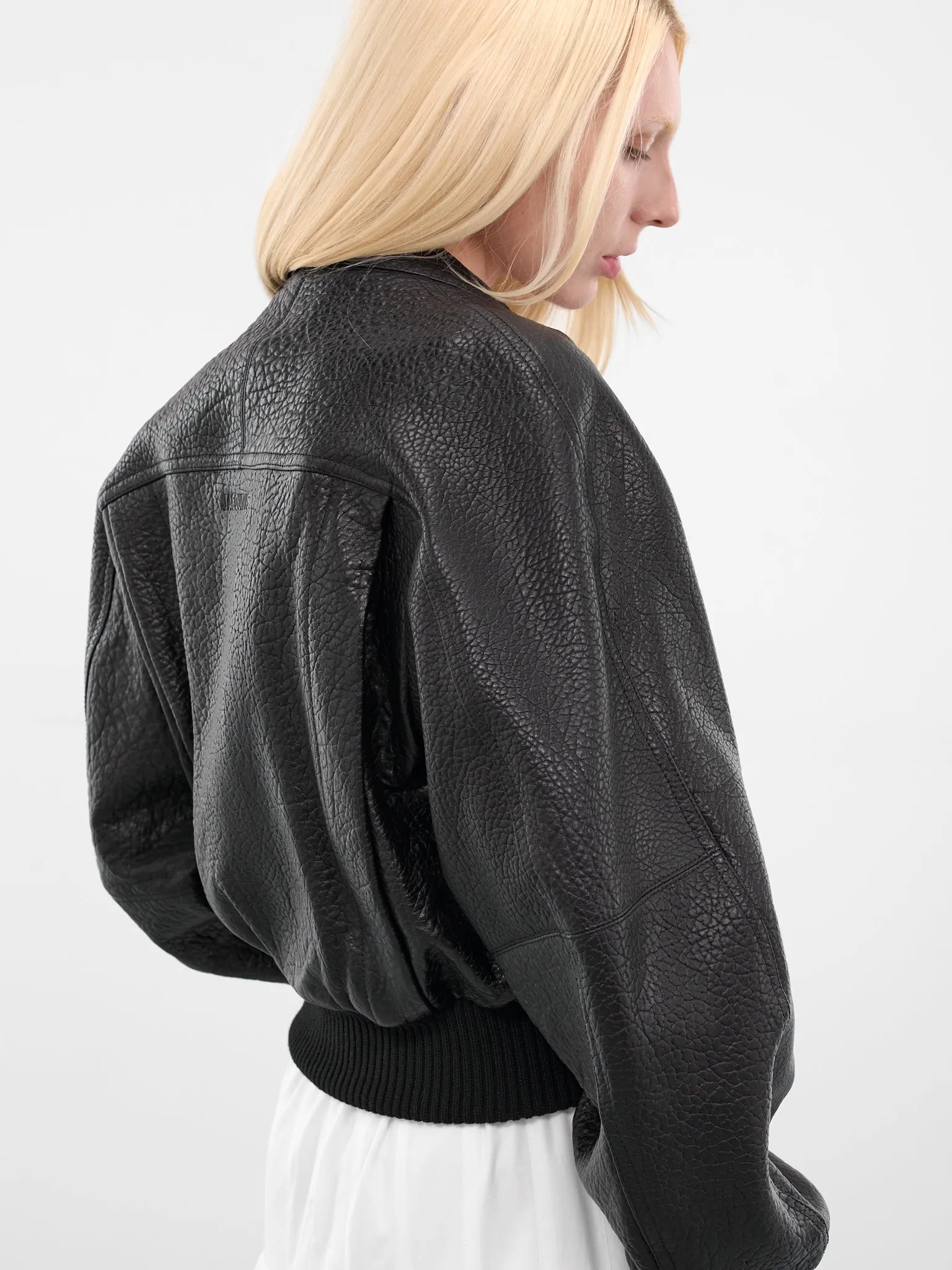 Black Leather Cropped Bomber Jacket (OUW00114AC03L03-BLACK) sold by lorenzo product image thumbnail 5