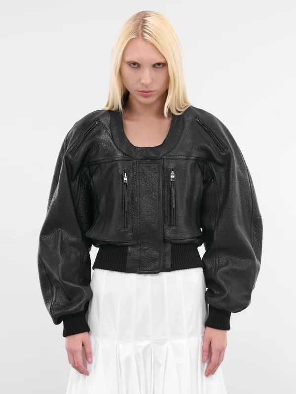 Black Leather Cropped Bomber Jacket (OUW00114AC03L03-BLACK) sold by lorenzo