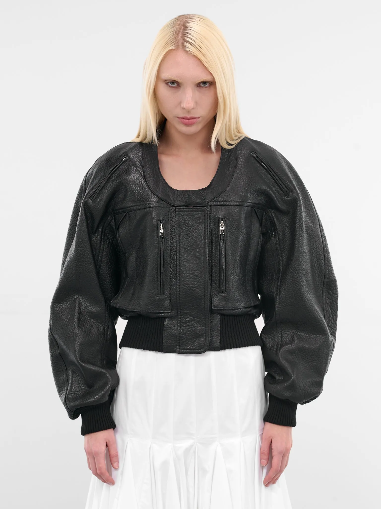 Black Leather Cropped Bomber Jacket (OUW00114AC03L03-BLACK) sold by lorenzo