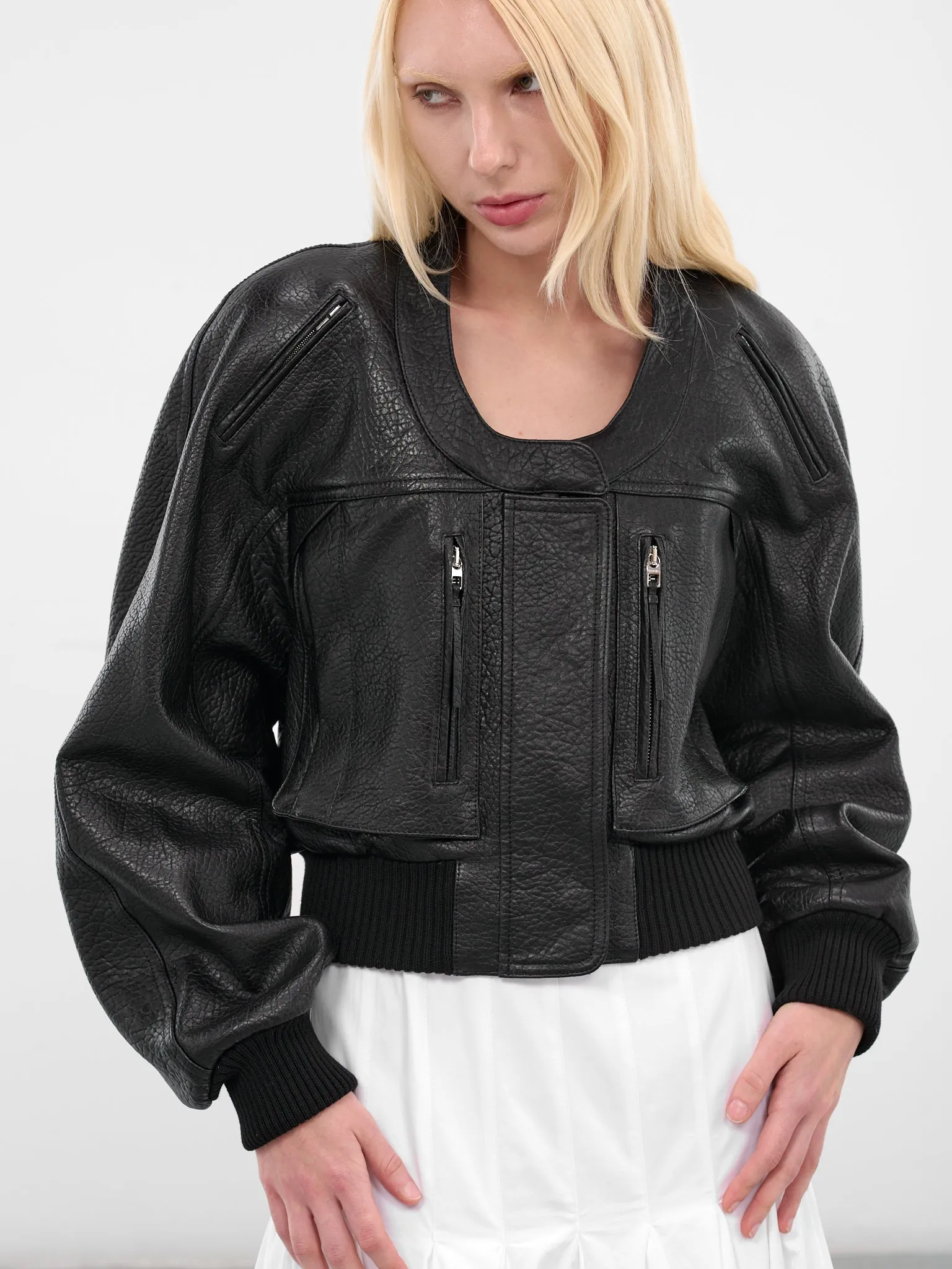 Black Leather Cropped Bomber Jacket (OUW00114AC03L03-BLACK) sold by lorenzo product image thumbnail 4