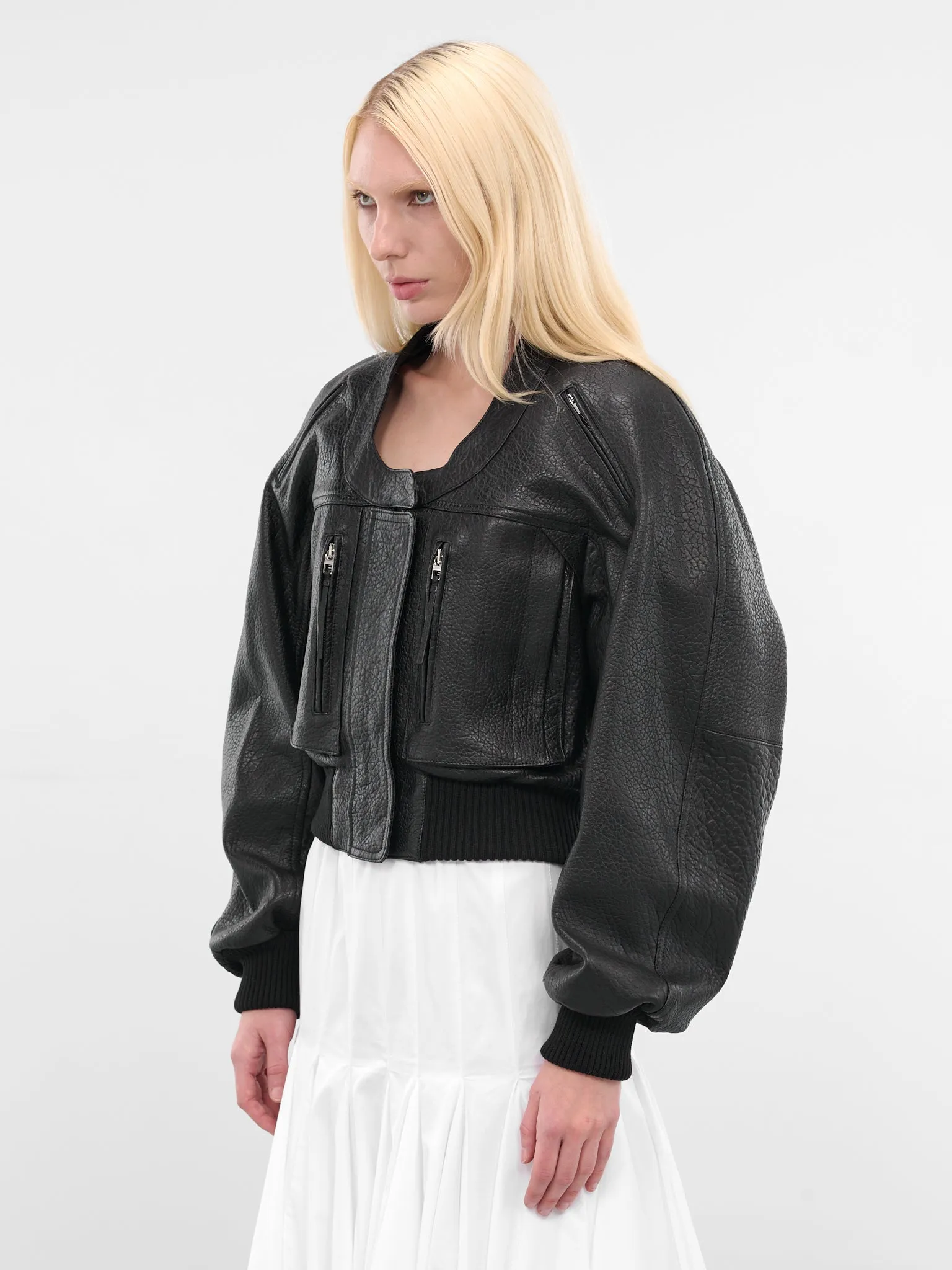 Black Leather Cropped Bomber Jacket (OUW00114AC03L03-BLACK) sold by lorenzo product image thumbnail 2