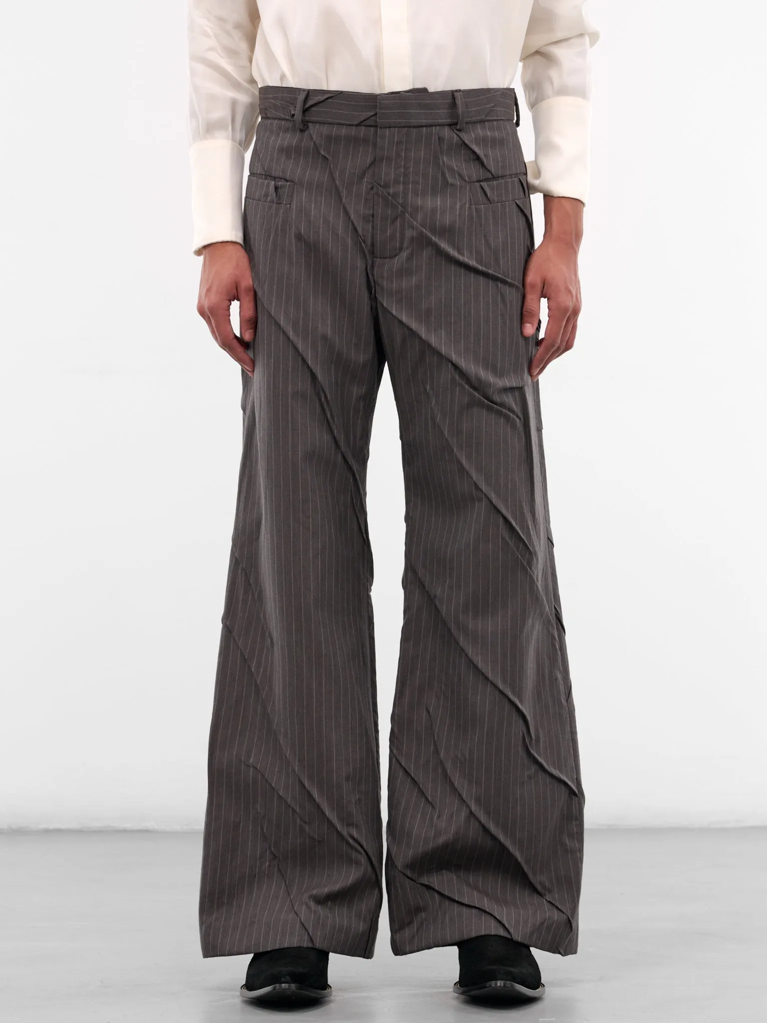 Gray Maestria Pleated Pinstripe Trousers (MAESTRIA-PANTS-PINSTRIPED-GREY) sold by lorenzo