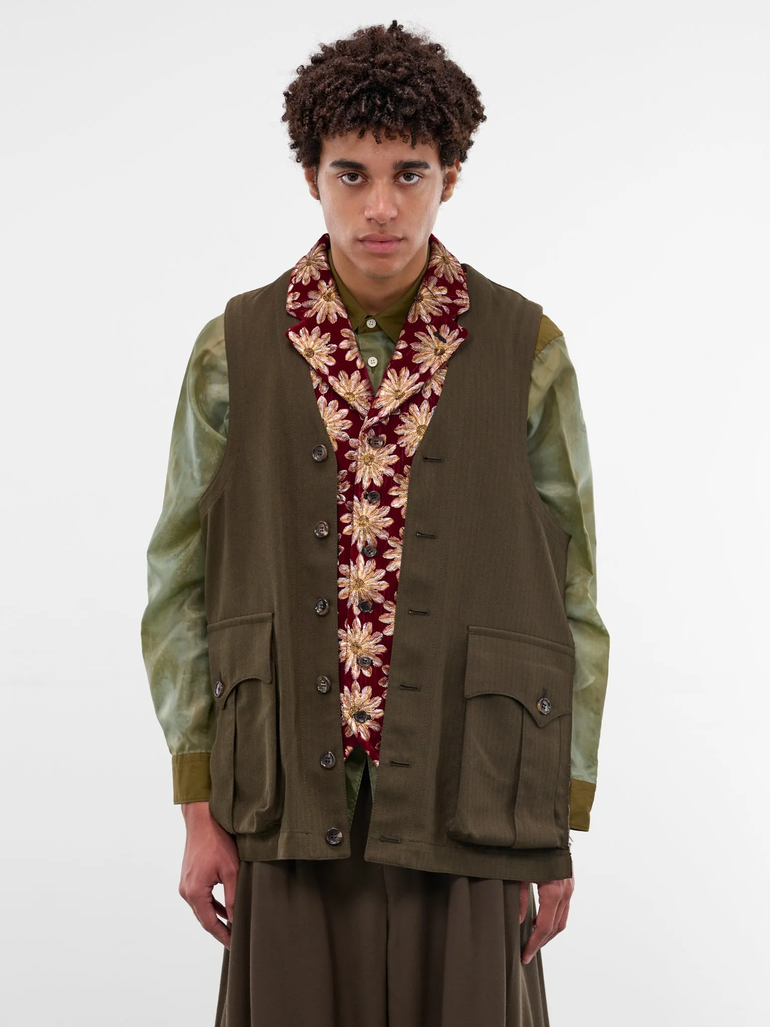 Layered Floral & Pinstripe Cargo Vest (PP-V002-BRGDY-MULTI) sold by lorenzo
