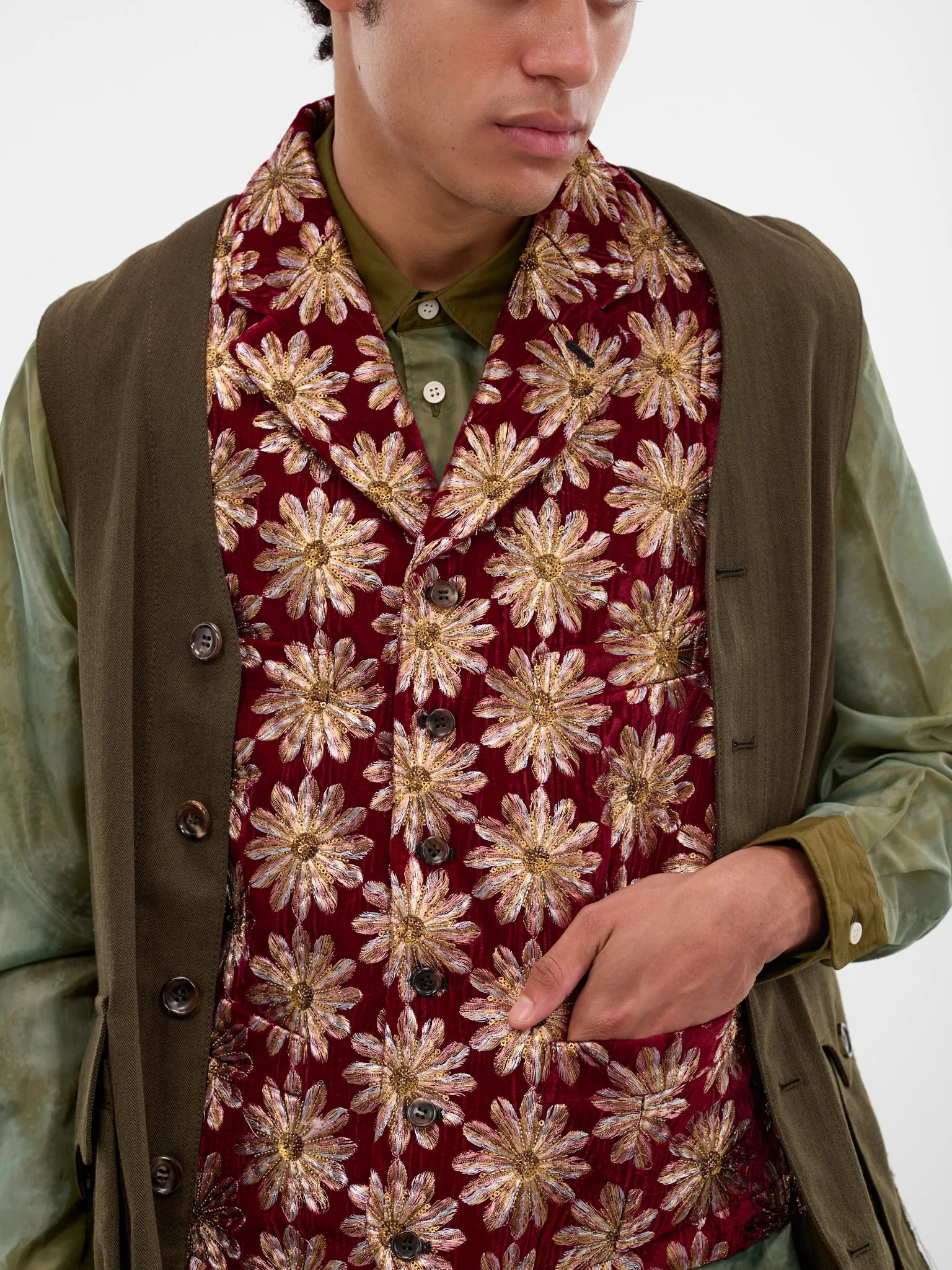 Layered Floral & Pinstripe Cargo Vest (PP-V002-BRGDY-MULTI) sold by lorenzo product image thumbnail 4