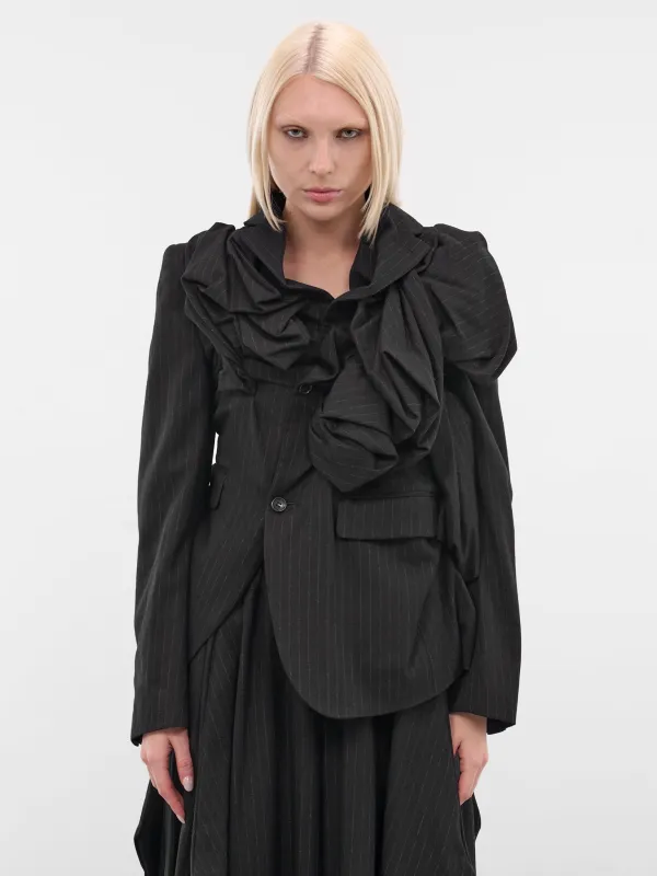 Black Pinstripe Draped Appliqué Blazer (GP-J018-BLACK) sold by lorenzo
