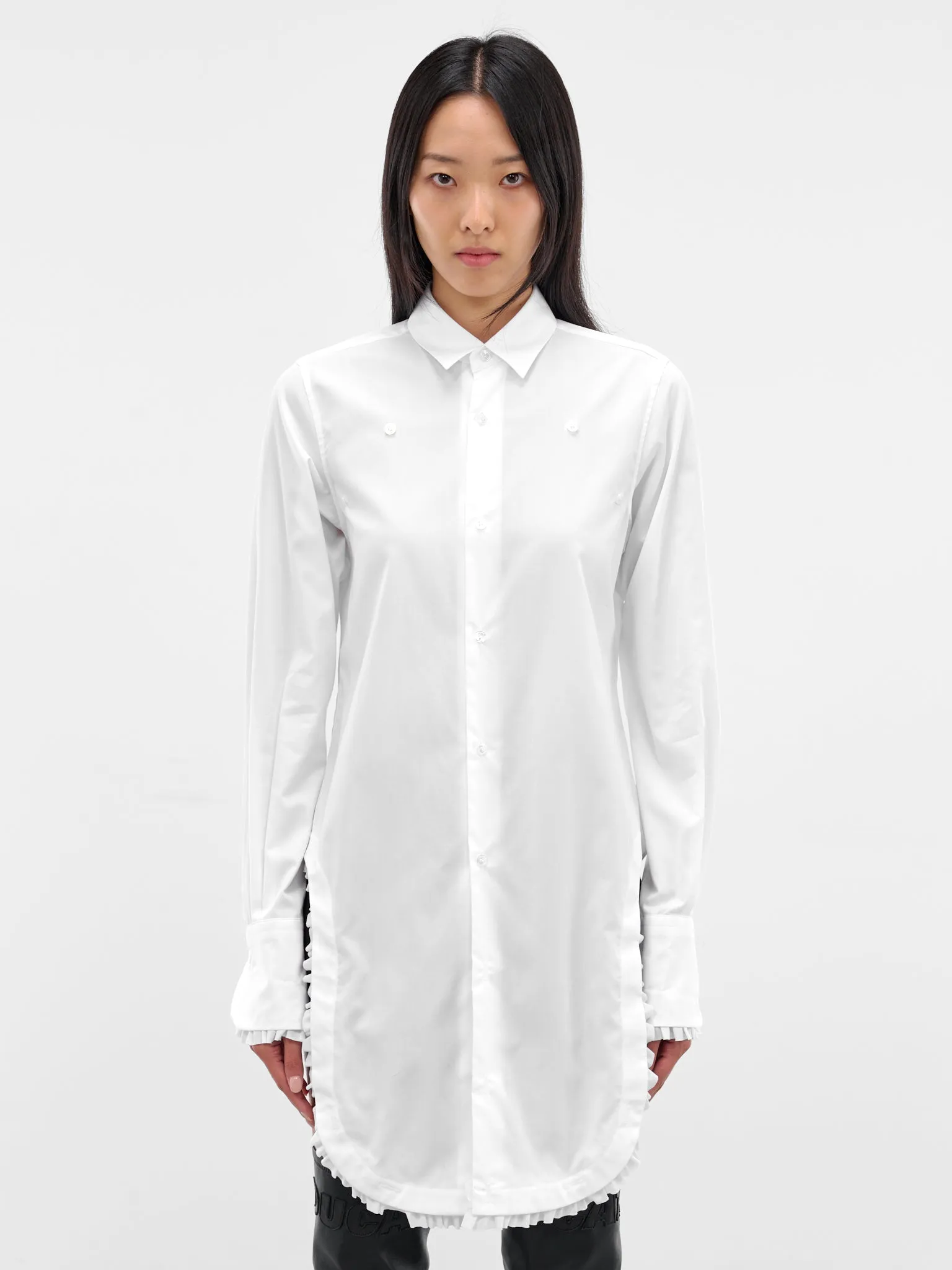White Ruffled Hem Button-Up Shirt (3P-B010-WHITE) sold by lorenzo