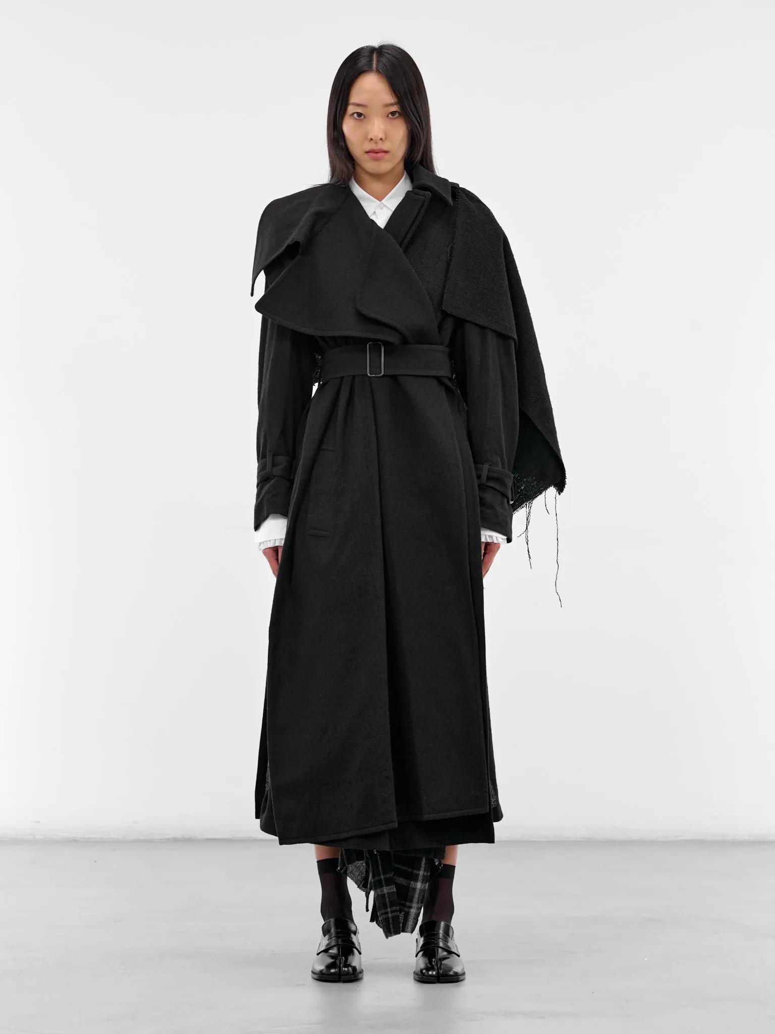 Black Wool Deconstructed Trench Coat (FL-C12-840-BLACK) sold by lorenzo