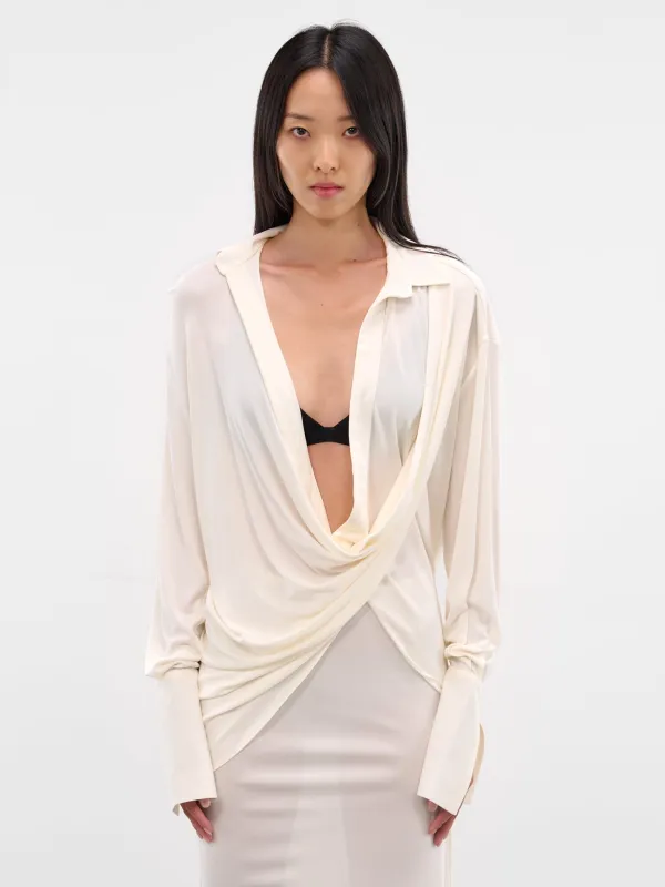 White Viscose Sheer Draped Shirt (237-T04-WHITE) sold by lorenzo