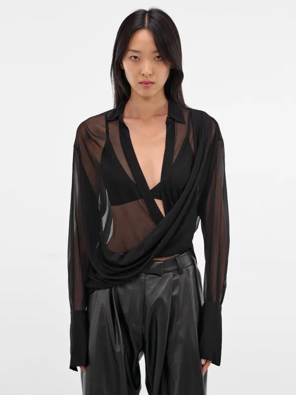 Black Poly Sheer Draped Shirt (237-T08-BLACK) sold by lorenzo