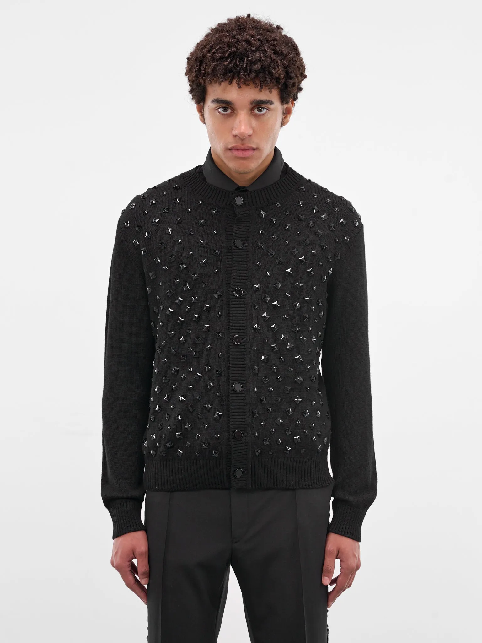 Black Stone Embellished Wool Cardigan (KN171S-BLACK-WITH-STONES) sold by lorenzo