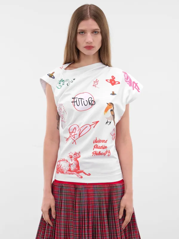 White Patches Graphic Asymmetric Tee (1G010014-J006F-A302-LOGOS) sold by lorenzo