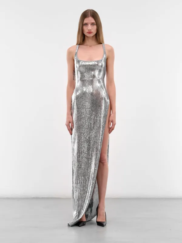 Silver Sequin Slit Maxi Dress (S72CV0704-D35378-906-SILVER) made by DSQUARED2