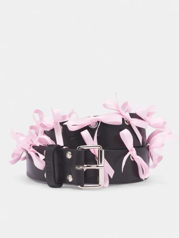 Pink Bow Eyelet Leather Belt (SLG01-BLACK-SILVER-PINK) sold by lorenzo