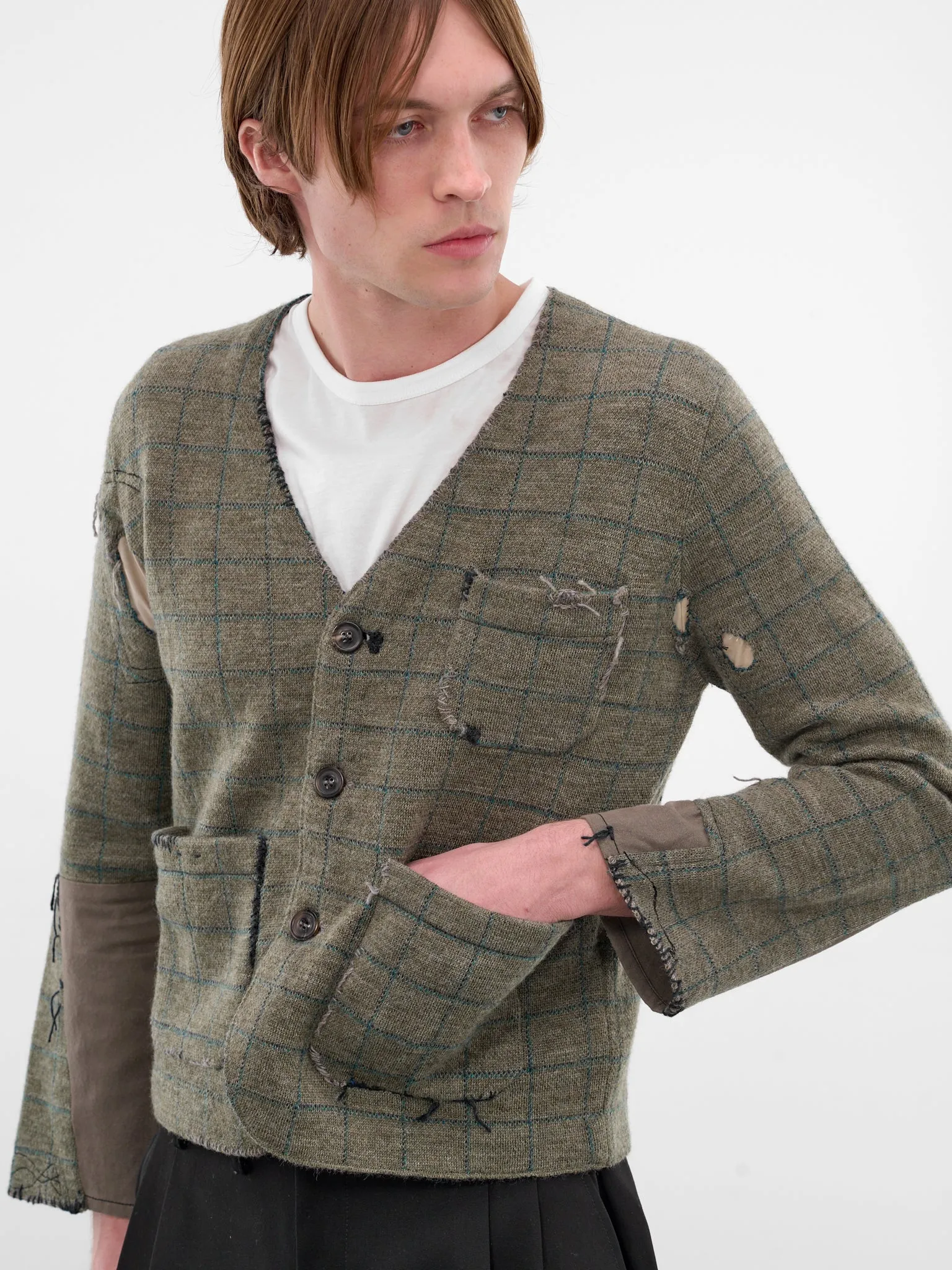 Deconstructed Patchwork Check Wool Cardigan (S50HP0033-M13146-613J-GREEN) sold by lorenzo product image thumbnail 5
