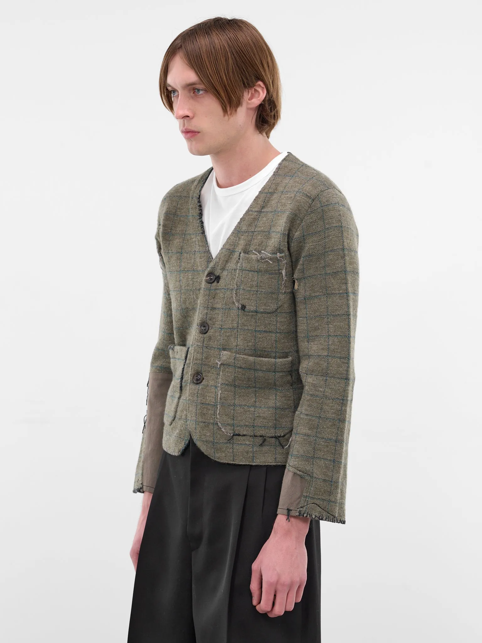 Deconstructed Patchwork Check Wool Cardigan (S50HP0033-M13146-613J-GREEN) sold by lorenzo product image thumbnail 2