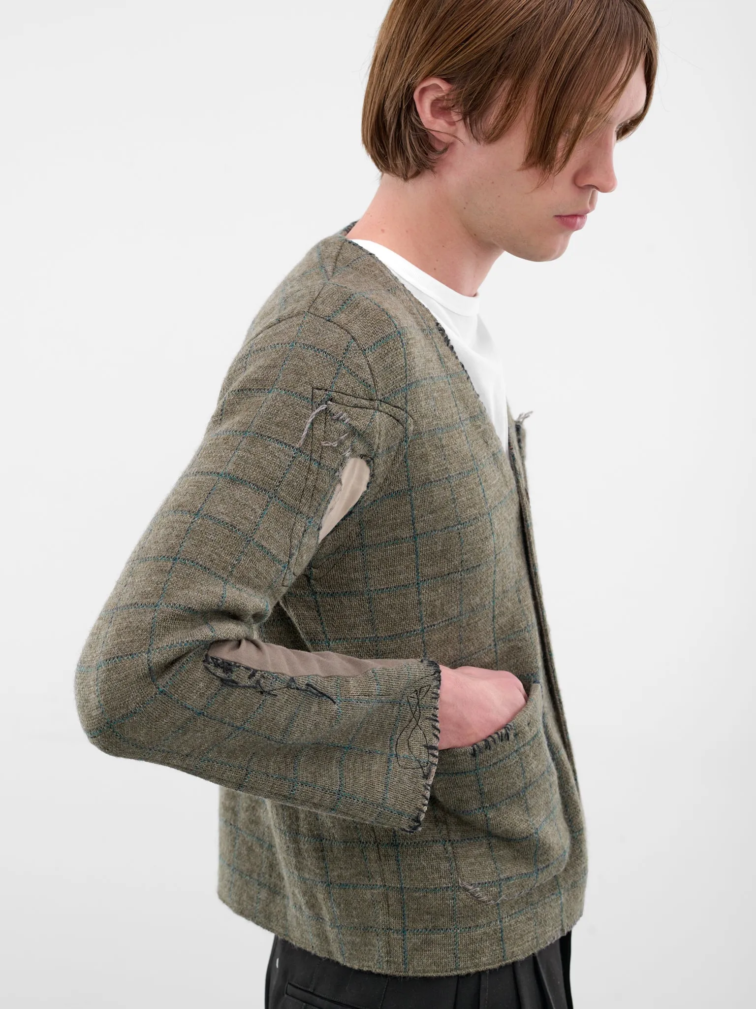 Deconstructed Patchwork Check Wool Cardigan (S50HP0033-M13146-613J-GREEN) sold by lorenzo product image thumbnail 4