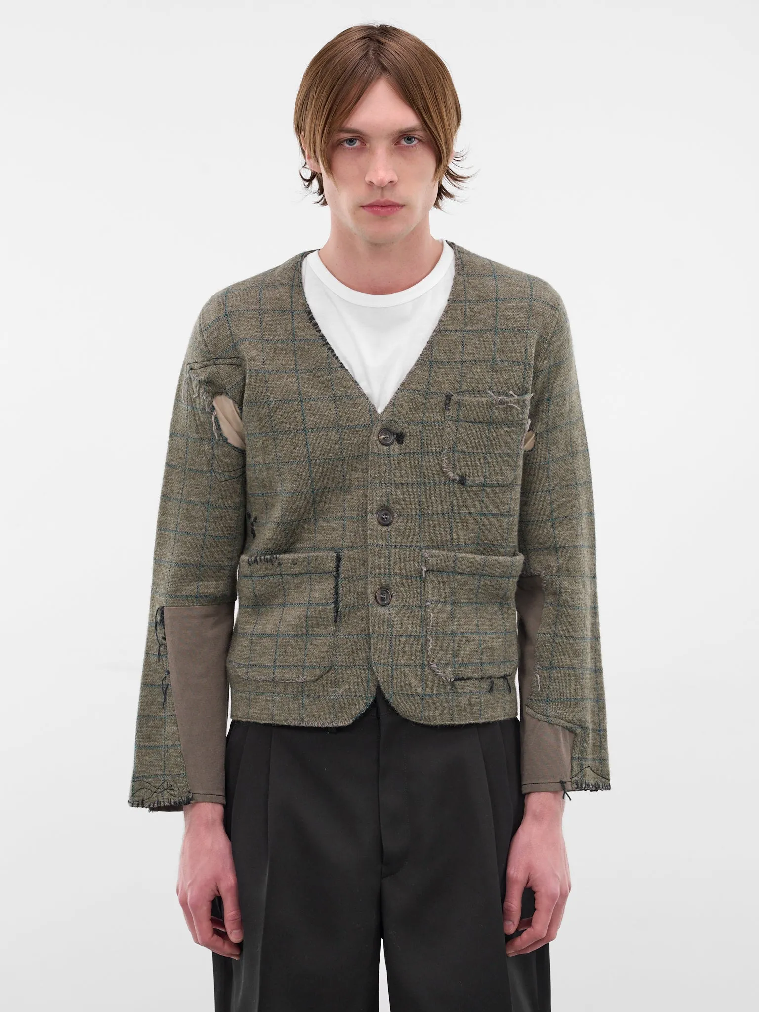 Deconstructed Patchwork Check Wool Cardigan (S50HP0033-M13146-613J-GREEN) sold by lorenzo