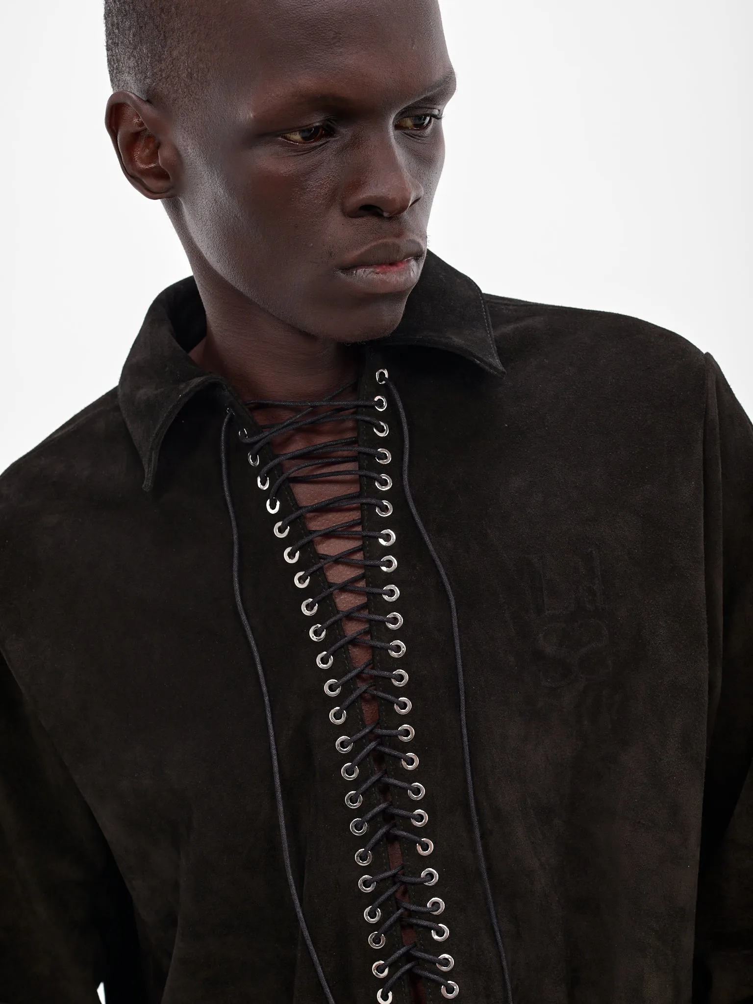 Black Suede Lace-Up Shirt (SH010-U-SPLIT-BLACK) sold by lorenzo product image thumbnail 5