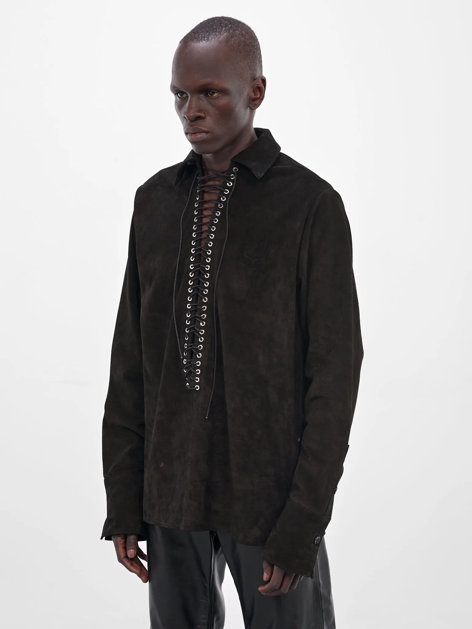 Black Suede Lace-Up Shirt (SH010-U-SPLIT-BLACK) sold by lorenzo product image thumbnail 2