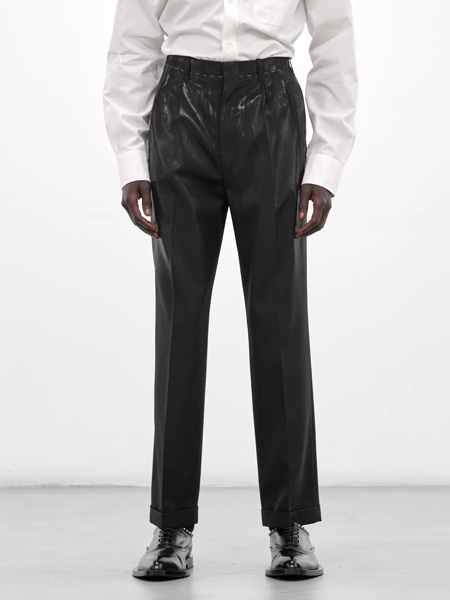 Black Wool Coated Tailored Trousers (S50KA0702-M35745-900-BLACK) sold by lorenzo