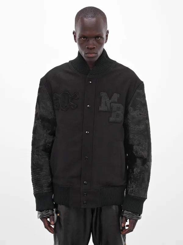 Black Leather Embroidered Varsity Jacket (MBS3-OUT-TDDJ-BLACK) sold by lorenzo