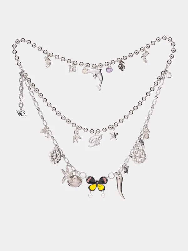 Silver Rhinestone Charm Double Necklace (2W402A-N0992-SILVER) sold by lorenzo