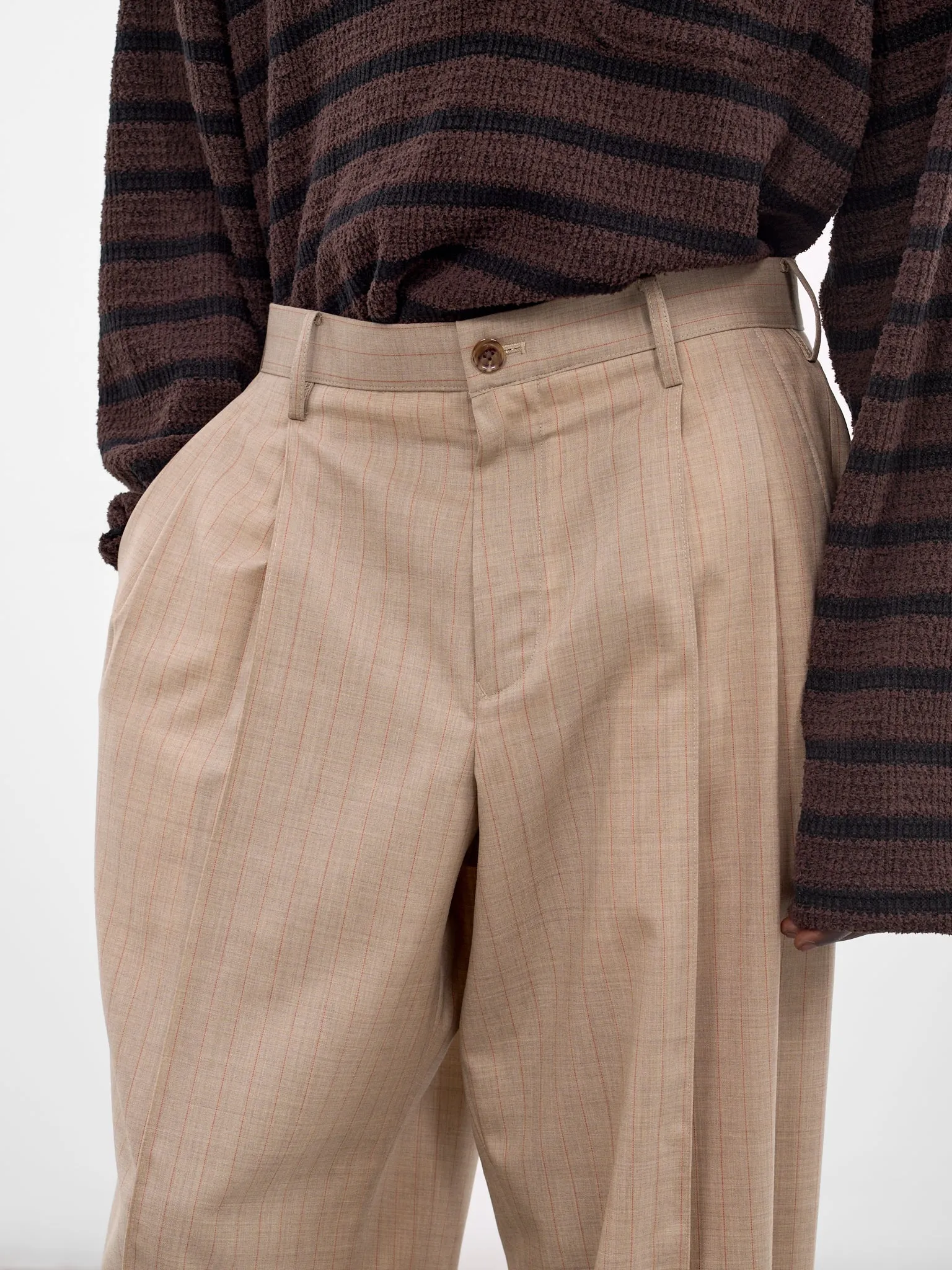 Beige Wool Striped Baggy Trousers (26SS-P-12-BEIGE) sold by lorenzo product image thumbnail 4