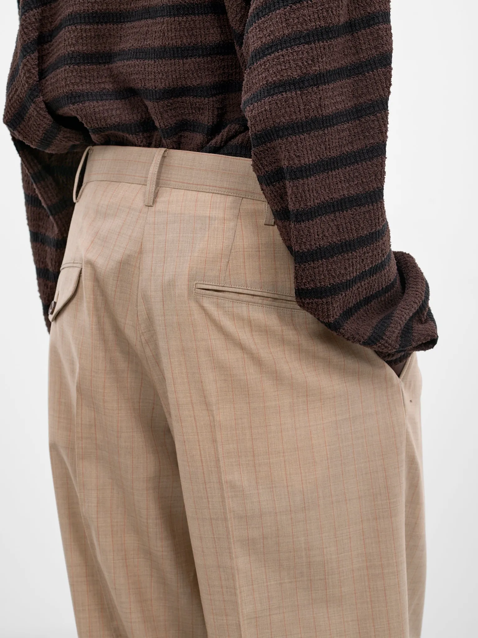 Beige Wool Striped Baggy Trousers (26SS-P-12-BEIGE) sold by lorenzo product image thumbnail 5