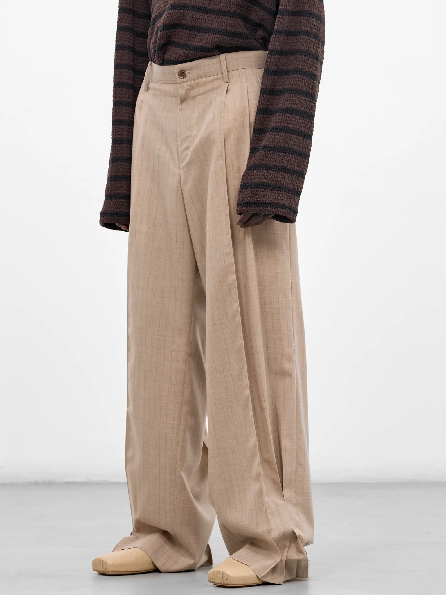 Beige Wool Striped Baggy Trousers (26SS-P-12-BEIGE) sold by lorenzo product image thumbnail 2