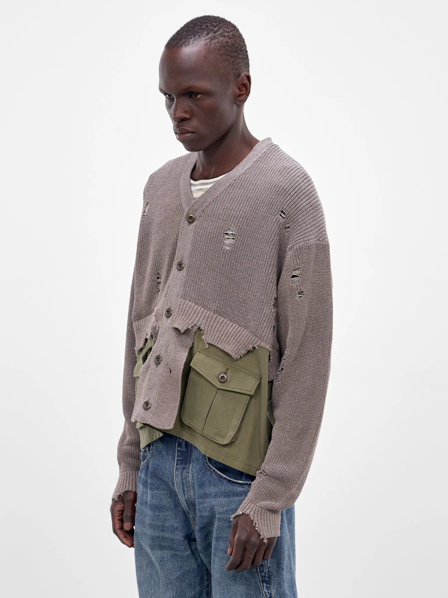 Hybrid Distressed Knit Cardigan (26SS-K-02-GREY) sold by lorenzo product image thumbnail 2