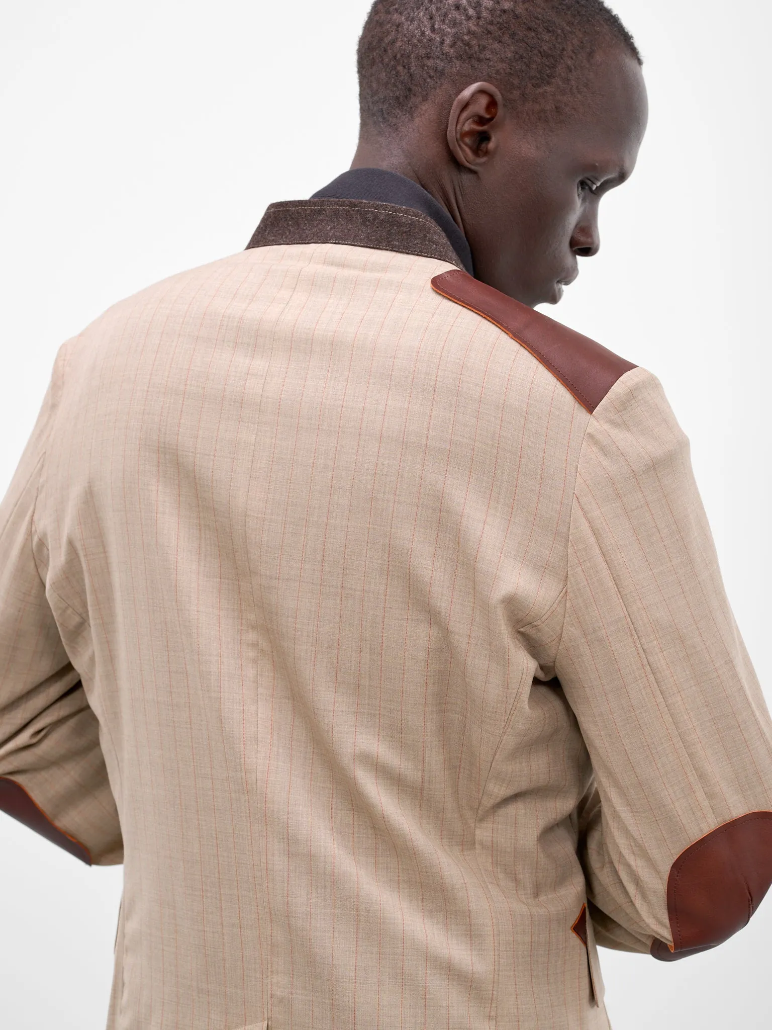 Beige Wool Striped Lapelless Blazer (26SS-JK-01-BEIGE) sold by lorenzo product image thumbnail 4