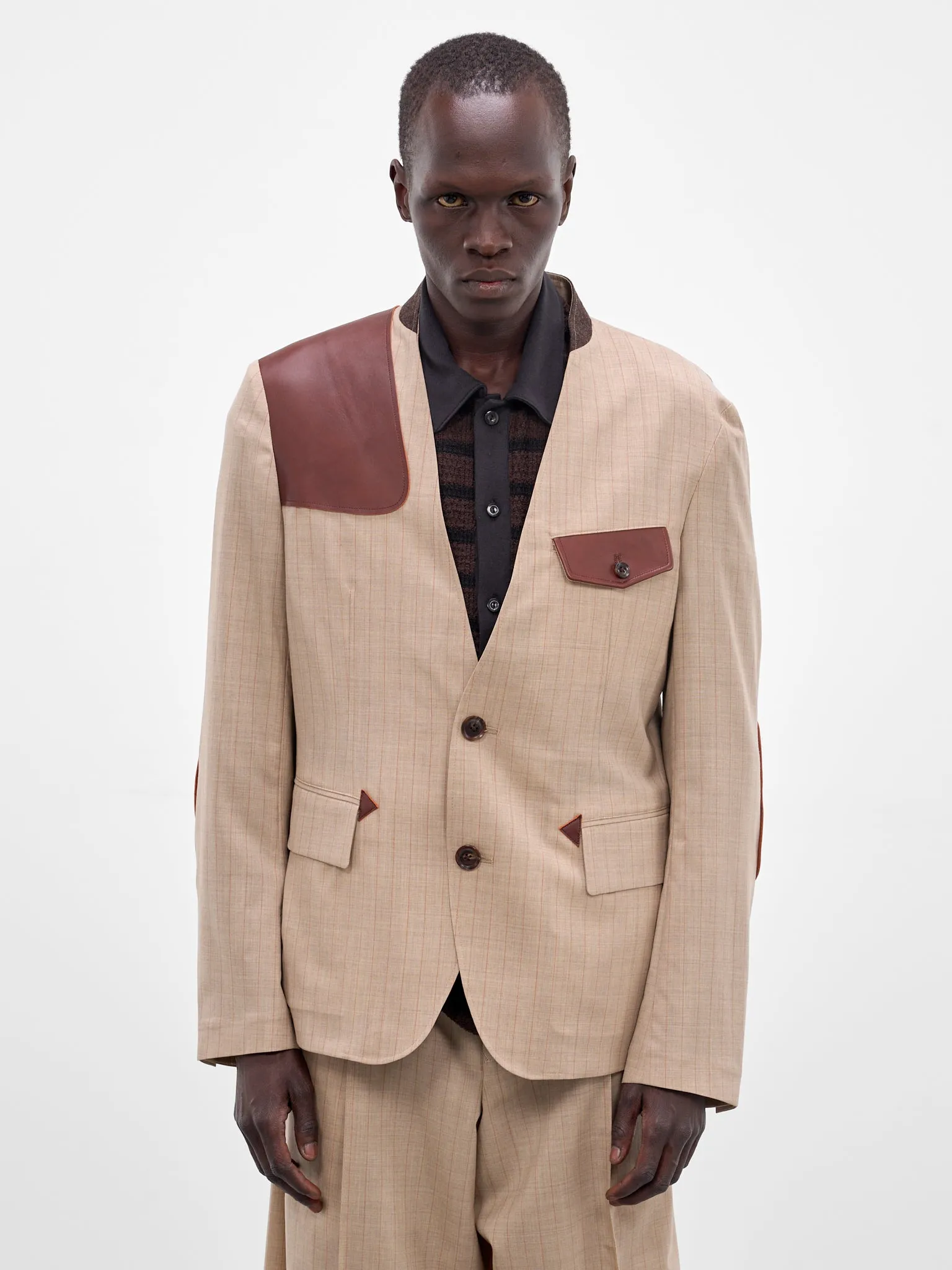 Beige Wool Striped Lapelless Blazer (26SS-JK-01-BEIGE) sold by lorenzo