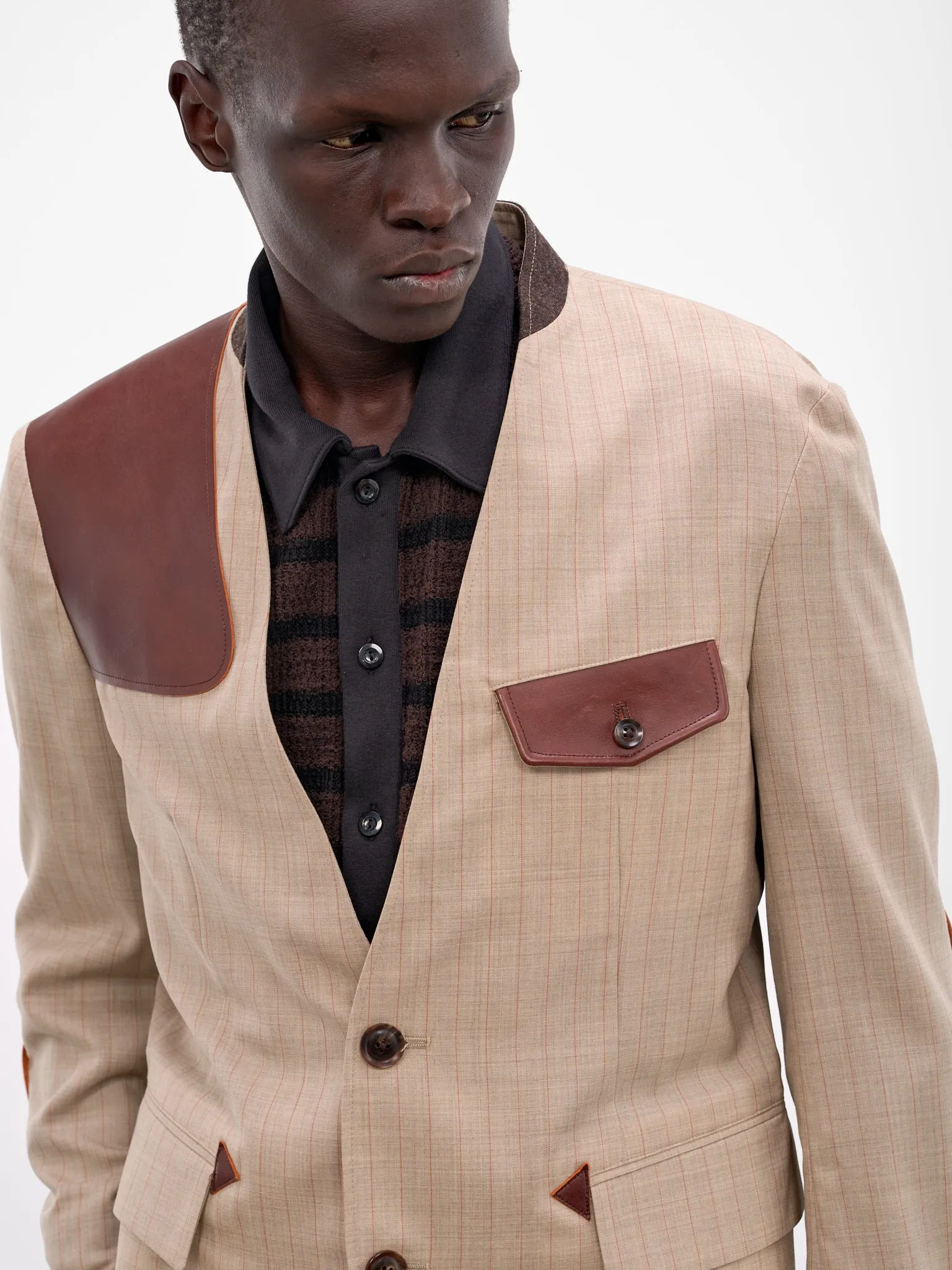 Beige Wool Striped Lapelless Blazer (26SS-JK-01-BEIGE) sold by lorenzo product image thumbnail 5