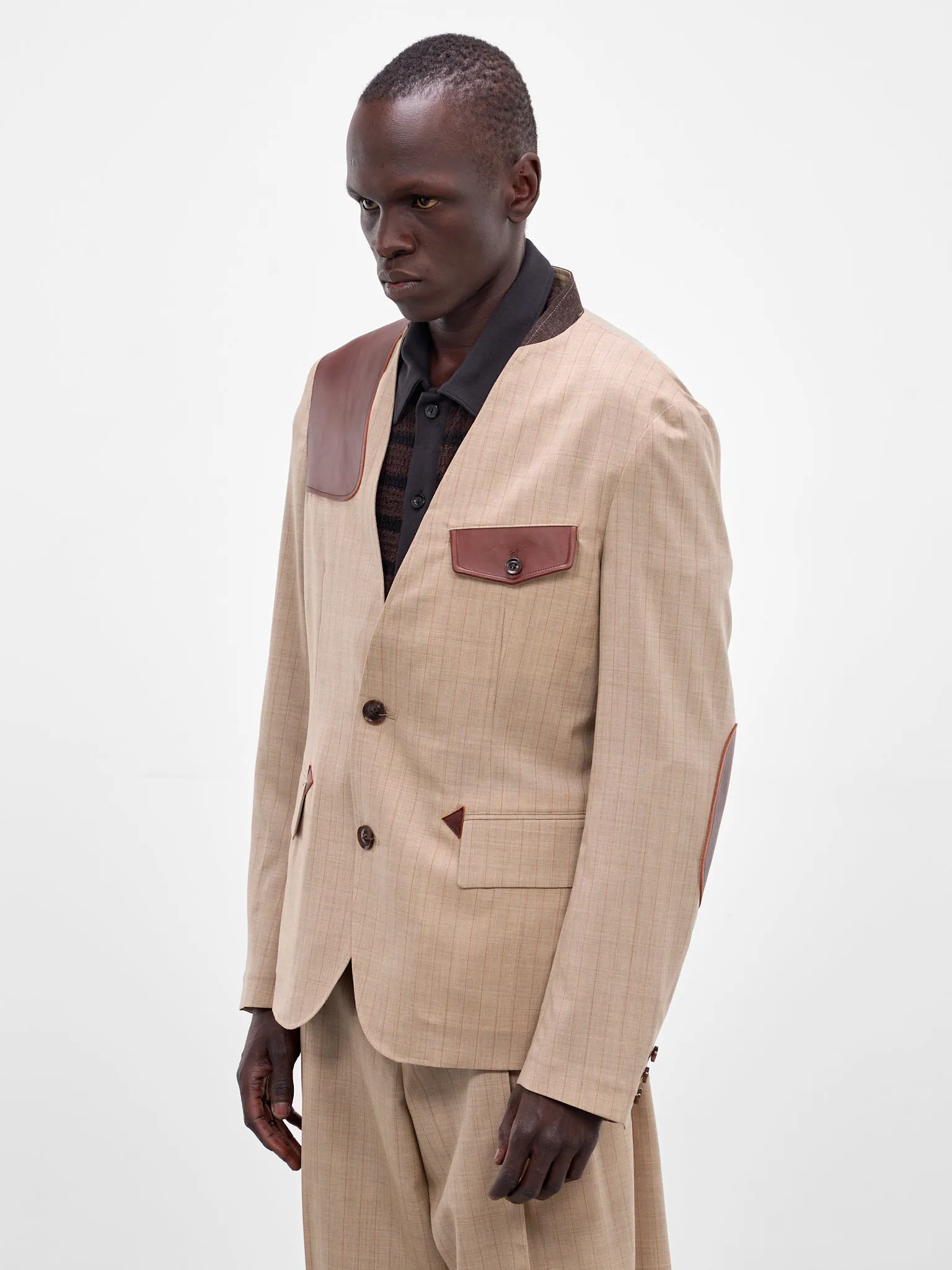 Beige Wool Striped Lapelless Blazer (26SS-JK-01-BEIGE) sold by lorenzo product image thumbnail 2