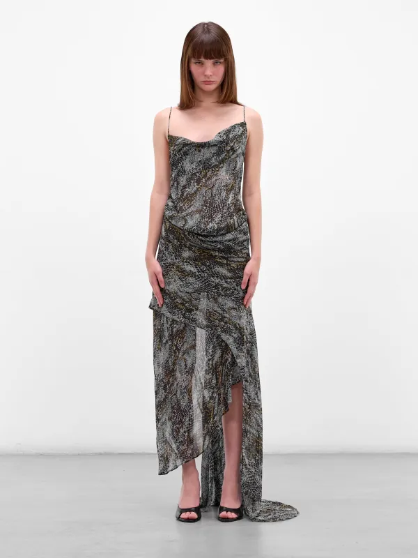 Serpent Print Asymmetric Silk Dress (25043300-SERPENT) sold by lorenzo