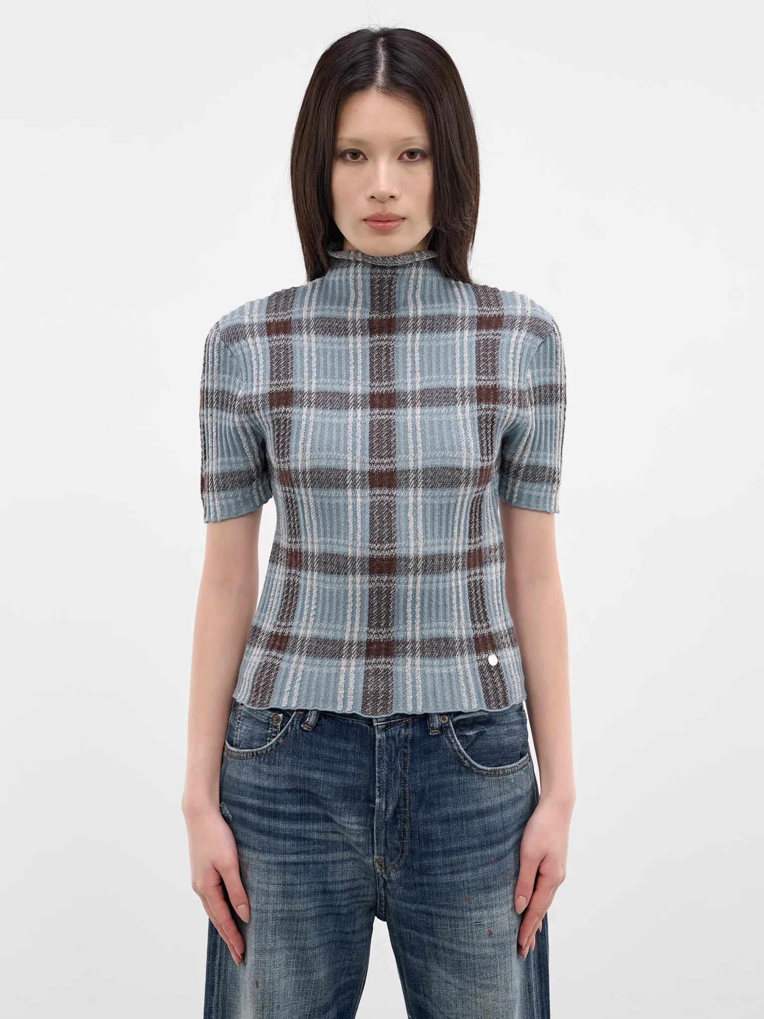 Blue Check Wool Knit Turleneck (A60641-AG7101-BLUE-BROWN) sold by lorenzo